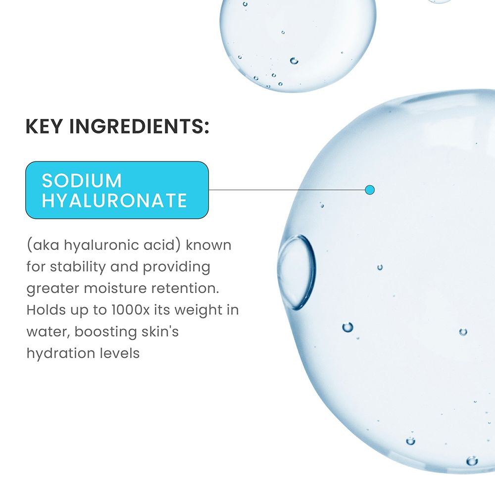 Gros plan sur des bulles d'eau. Texte : "Sodium Hyaluronate" et description des ingrédients.