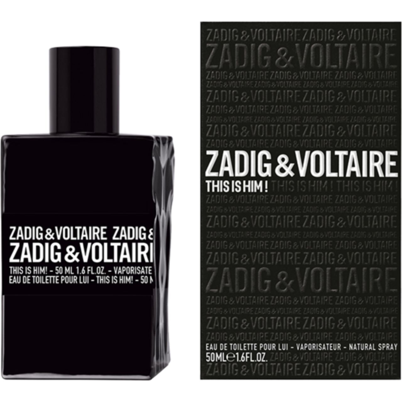 Zwarte fles en verpakking van Zadig & Voltaire This Is Him Eau de Toilette. Tekst: Zadig & Voltaire, This Is Him!