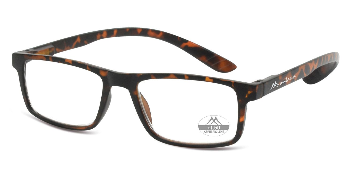 Lunettes à motif écaille de tortue marron. Logo et puissance 1.50 sur le verre droit. Logo Montana sur la branche.