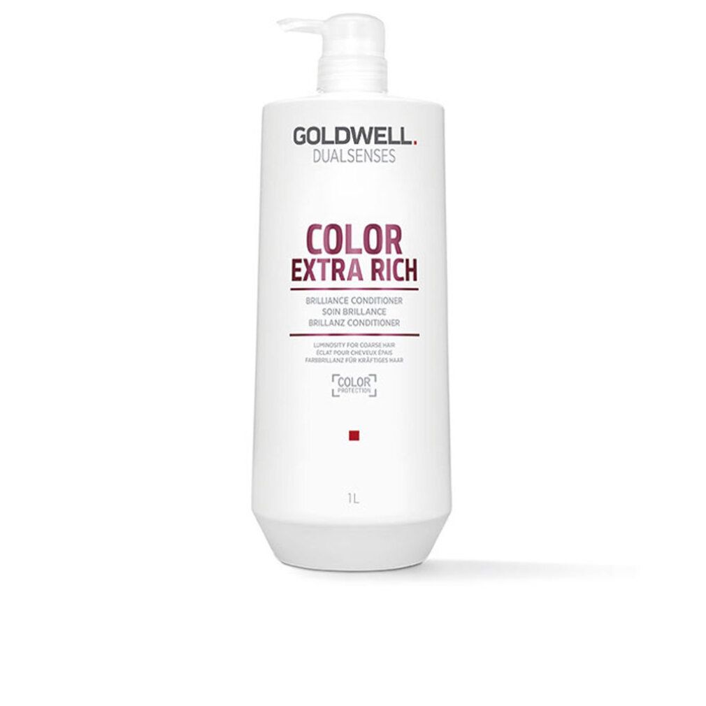 Goldwell Dual Senses Color ExtraRich Conditioner. Flacon blanc avec pompe. Inscription rose 'COLOR EXTRA RICH'. 'Brilliance Conditioner' en dessous. 1L.