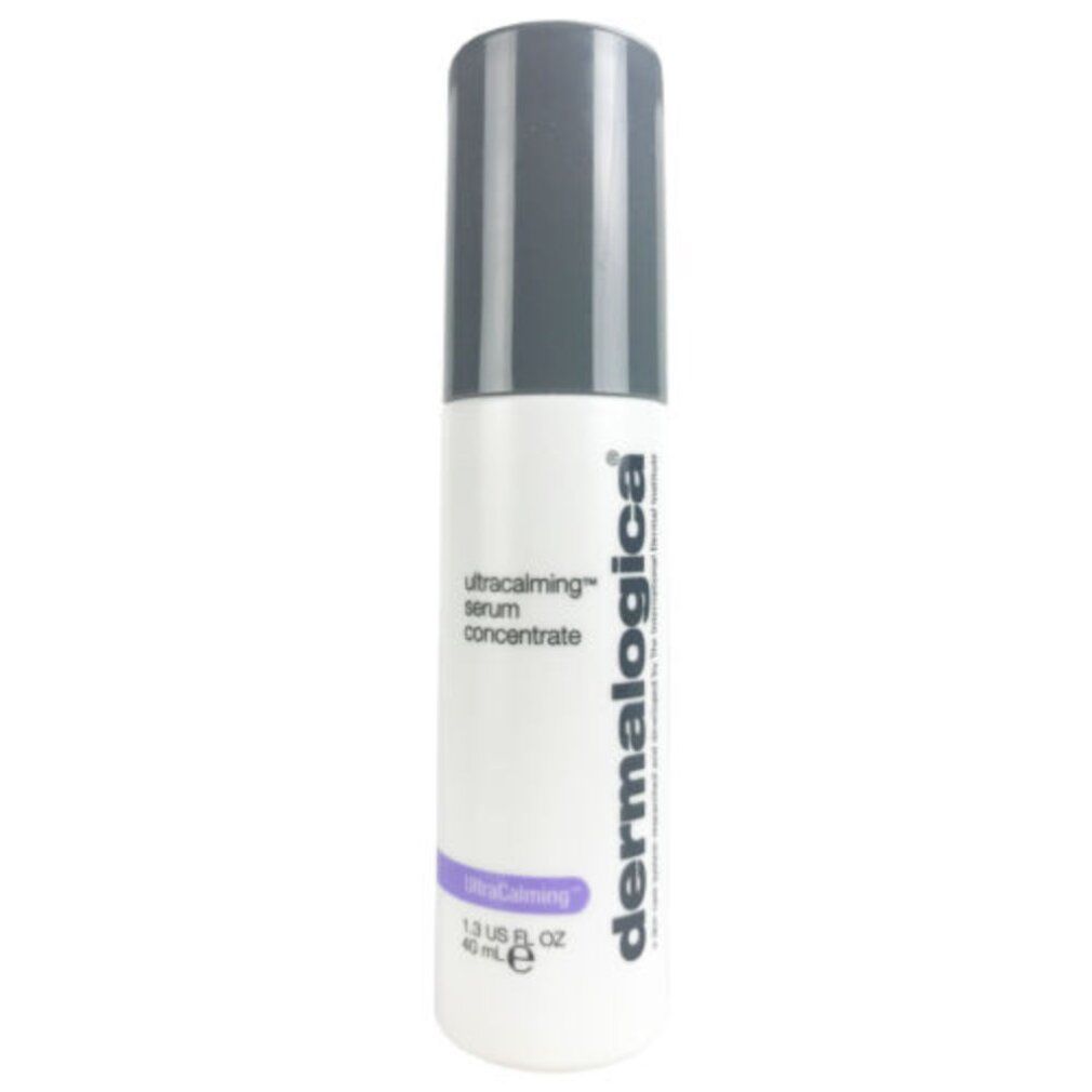 Flacon blanc avec bouchon gris. Texte: Ultracalming Serum Concentrate, Dermalogica. Volume: 1.3 US FL OZ / 40 ml e.