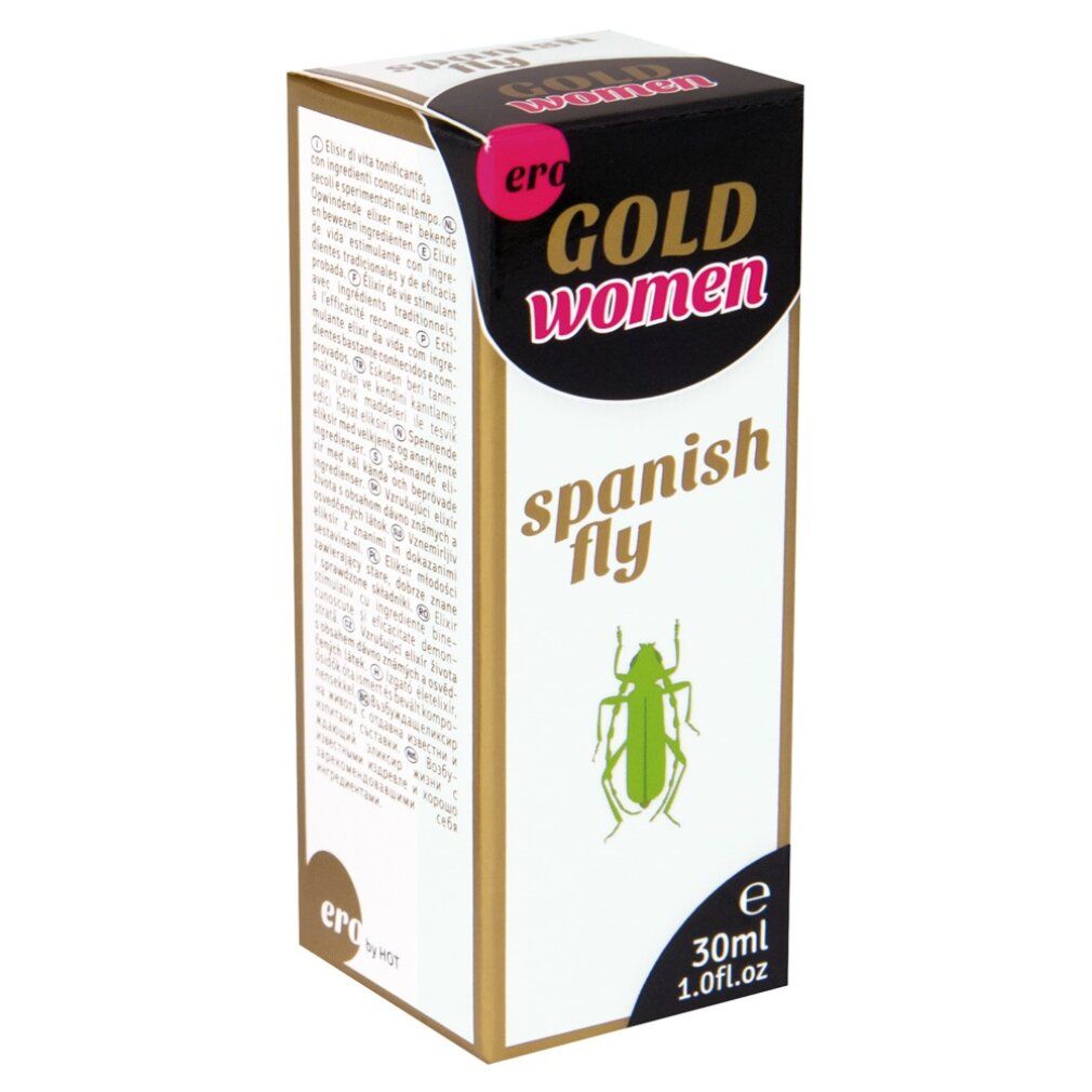 Spanish Fly Gold Women druppelflesje, 30ml. Groene vliegenillustratie.