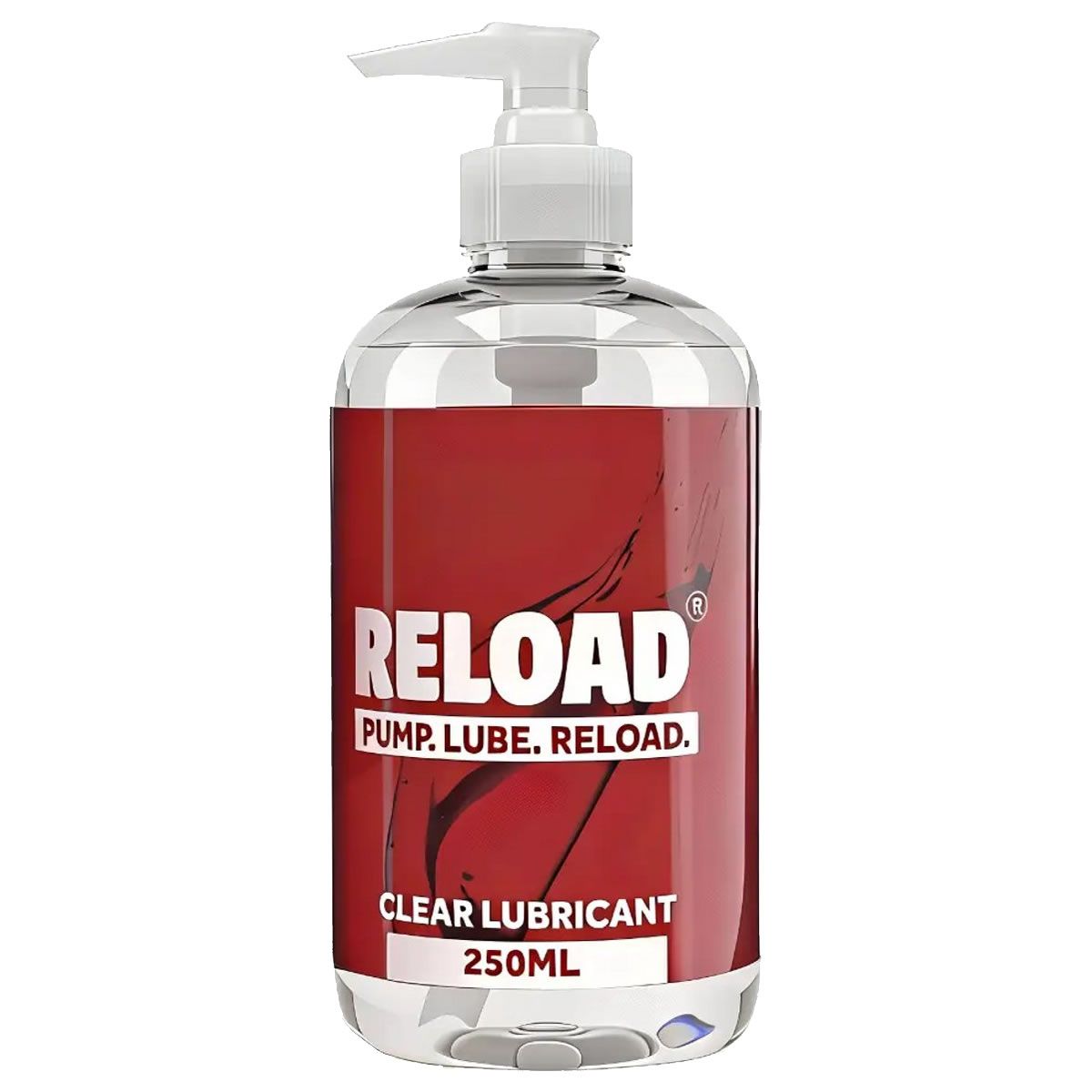 Flacon transparent avec étiquette rouge. Inscription: RELOAD, CLEAR LUBRICANT. Avec pompe doseuse.