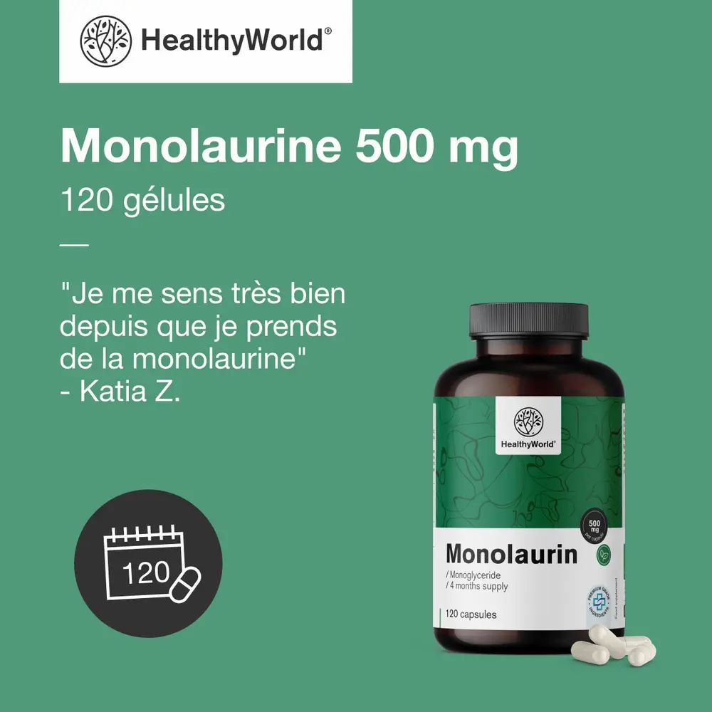 Femme avec boîte de Monolaurine 500 mg, profitant du soleil.