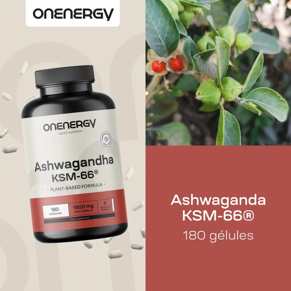 Flacon Ashwagandha KSM-66® avec 180 gélules. Gélules blanches à côté. Texte : Relaxation.