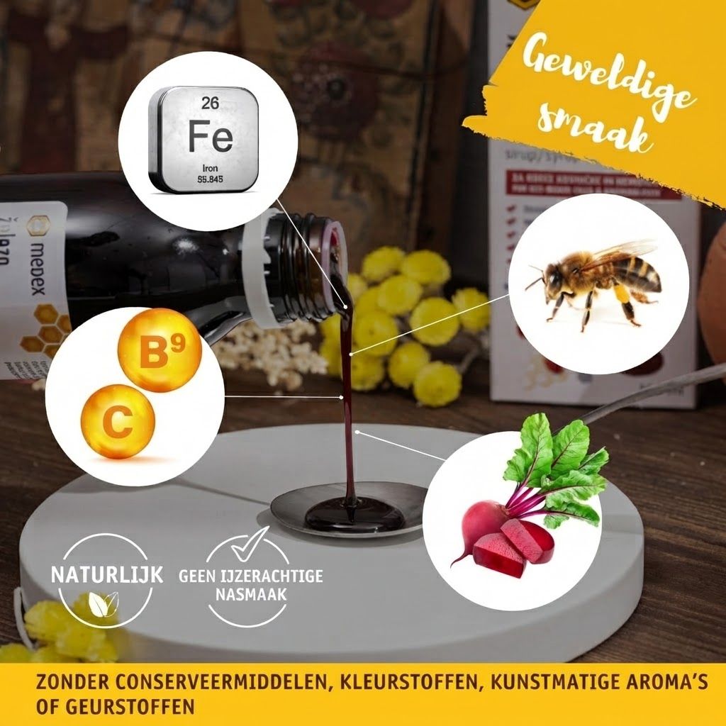 Medex IJzer C + Foliumzuur Siroop: Fles en doos van het product op witte achtergrond. Illustratie van rode bloedcellen op de verpakking.