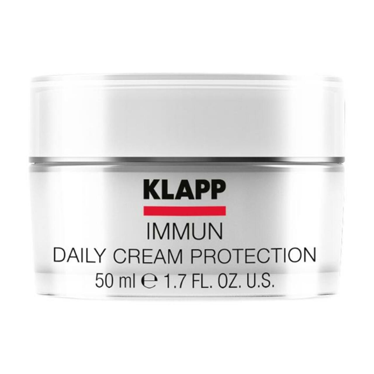 Witte crèmetiegel met deksel. Opschrift: Klapp Immun Daily Cream Protection, 50 ml.