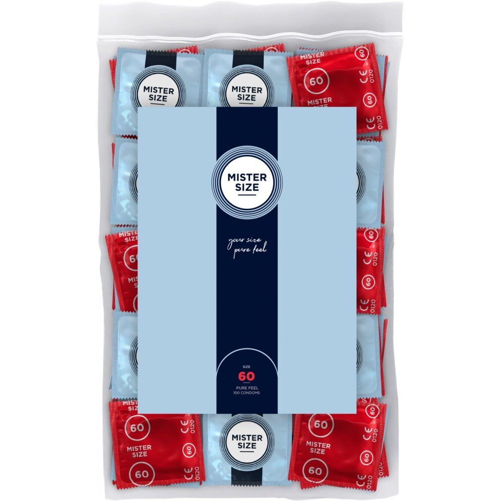 Verpakking met condooms. Zichtbaar: Mister Size, 60 stuks. Rode en blauwe individuele verpakkingen in een transparante zak.