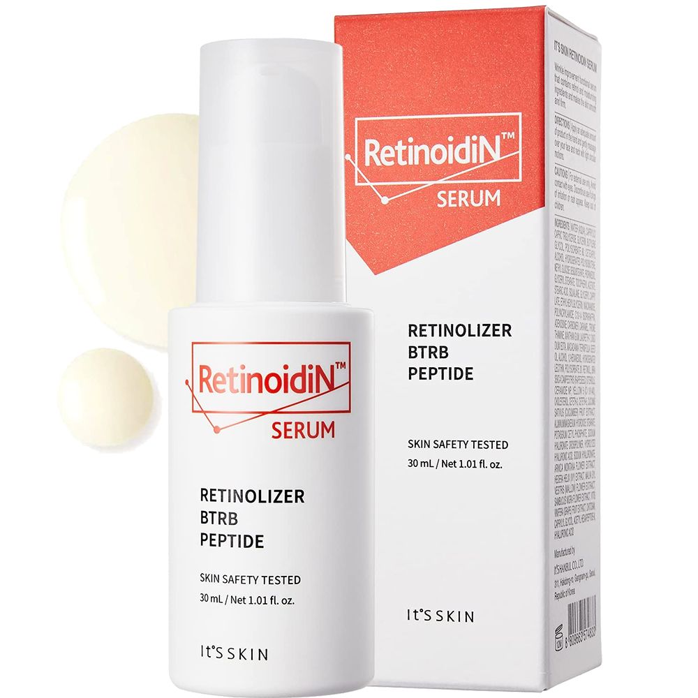 Flacon blanc avec pompe et emballage. Inscription rouge "Retinoidin Serum". Texte : Retinolizer, BTRB, Peptide. Marque : IT'S SKIN.