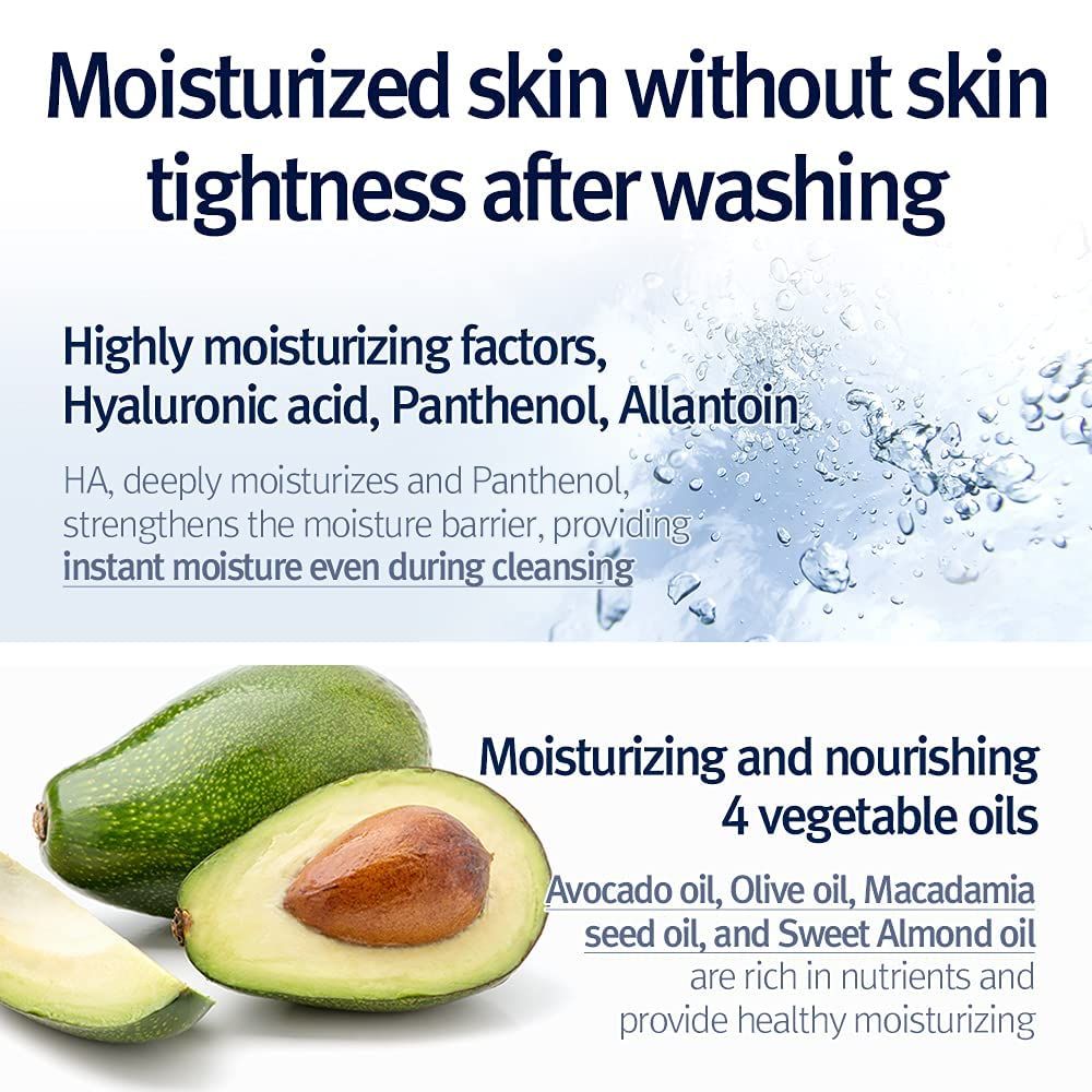 Peau hydratée sans tiraillement après le lavage, avec huile d'avocat et d'olive.