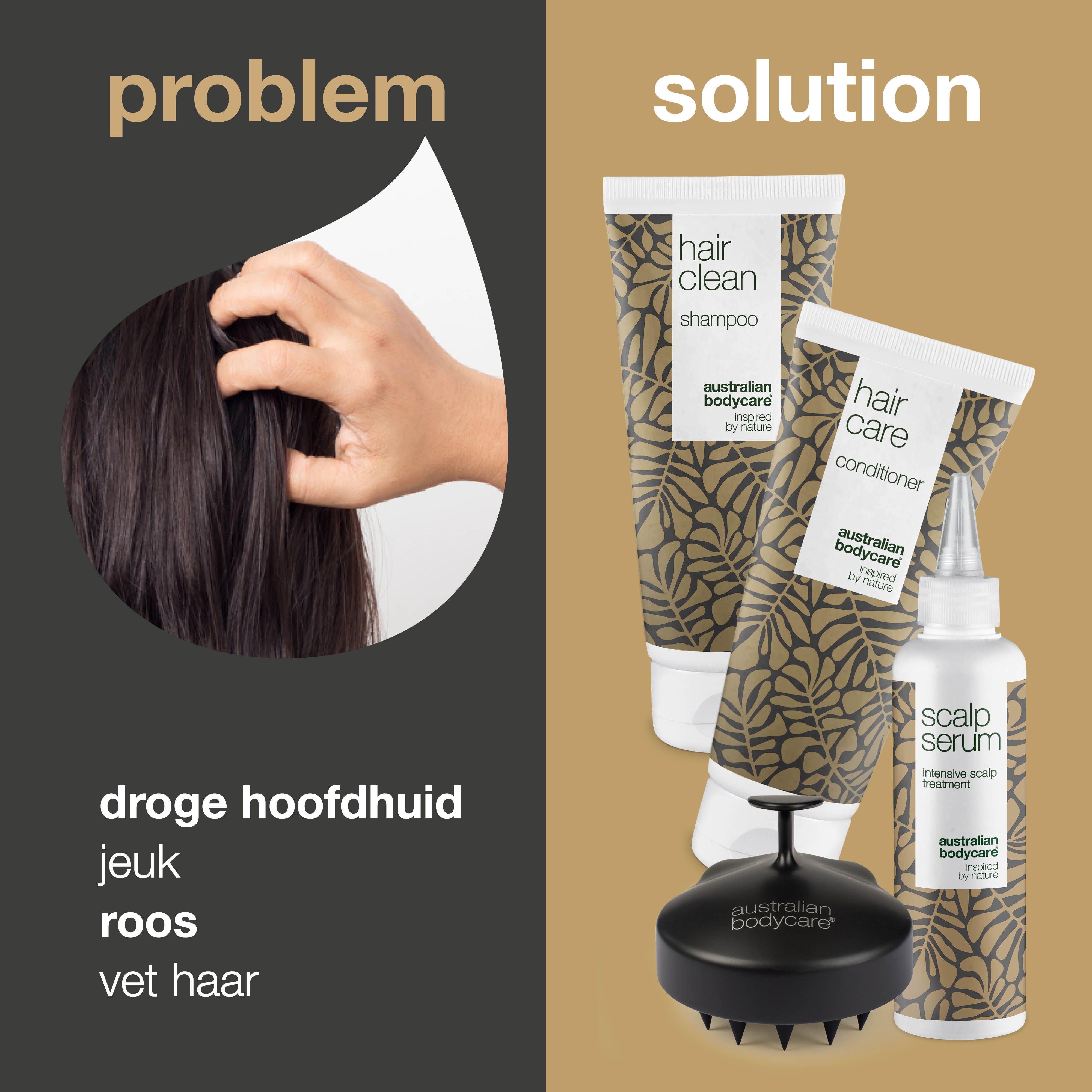 Probleem-oplossing afbeelding. Vrouw raakt hoofd aan. Producten: shampoo, conditioner, serum en hoofdhuidborstel.
