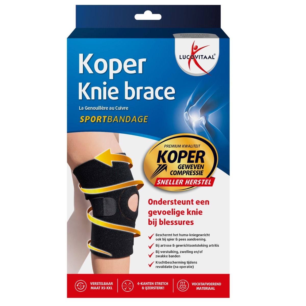 Koperen kniebrace in verpakking. Merk Lucovitaal. Tekst: Koper Knie brace, Sportbandage. Toont een knie met brace.