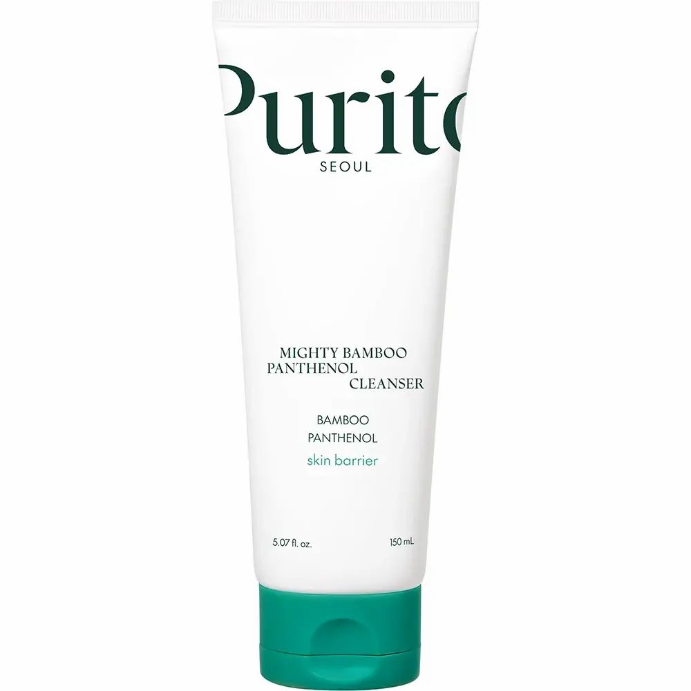 Tube blanc avec bouchon vert. Inscription : PURITO SEOUL, Mighty Bamboo Panthenol Cleanser. 150 ml.