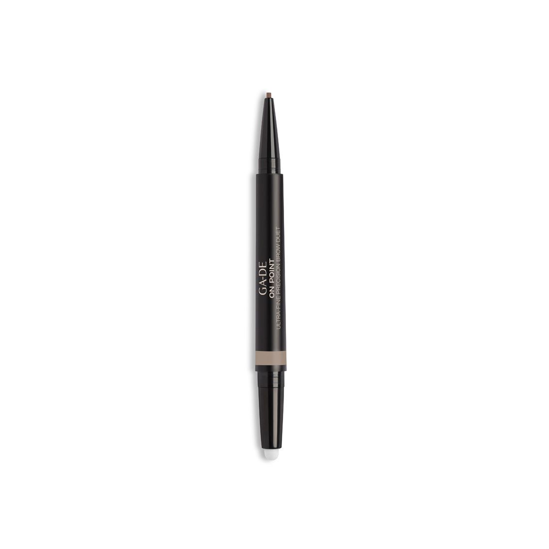 Ga-De On Point Ultra Fine Brow Duet. Dubbele wenkbrauwpotlood, zwart en lichtbeige. Eén kant is een potlood, de andere een borstel.
