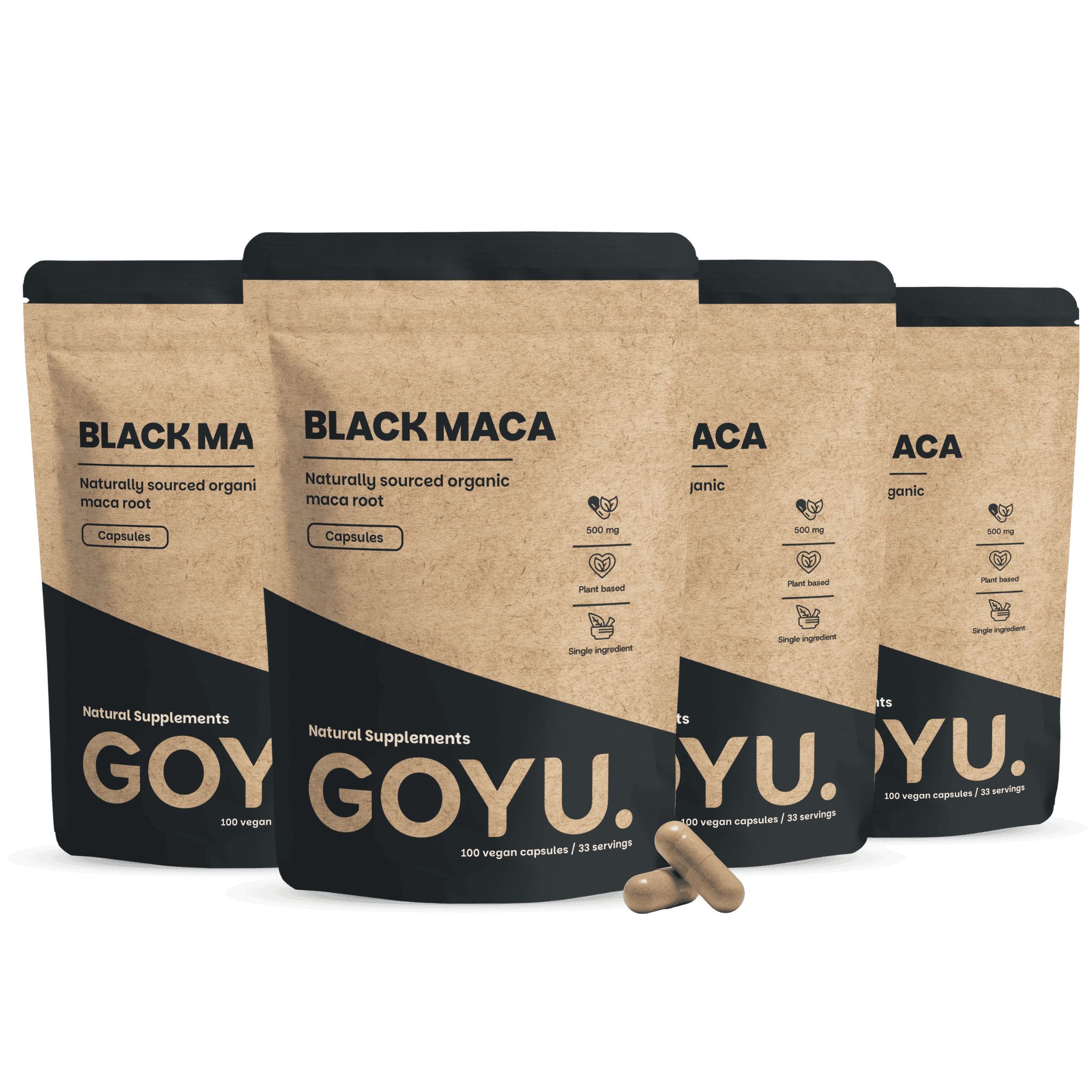 Quatre paquets de gélules GOYU Black Maca, racine de maca bio d'origine naturelle, 100 gélules végétales par paquet.