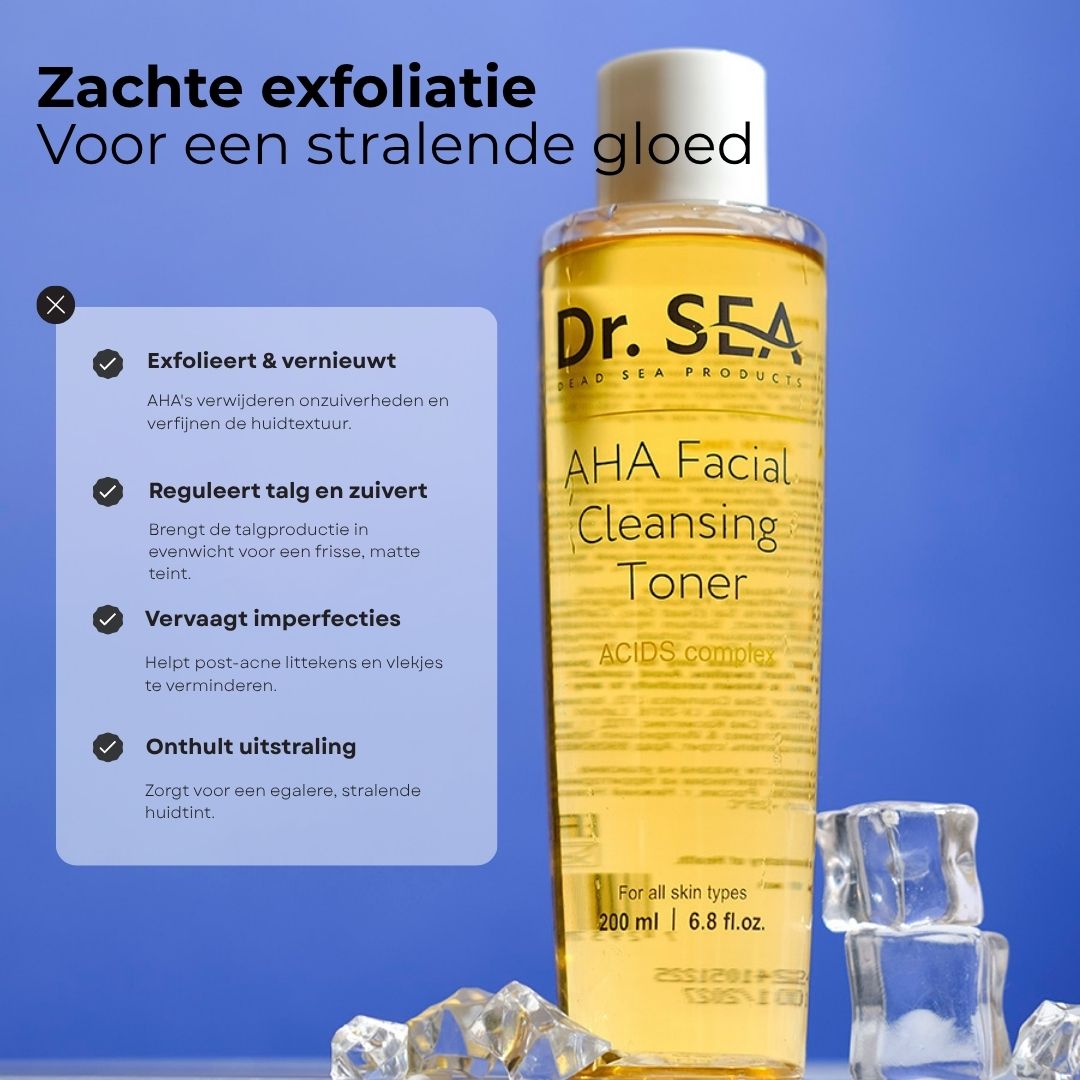Dr. SEA AHA Facial Cleansing Toner. Aanbevolen voor: alle huidtypen, gemengde huid, onzuivere huid, doffe teint. Op houten plank.