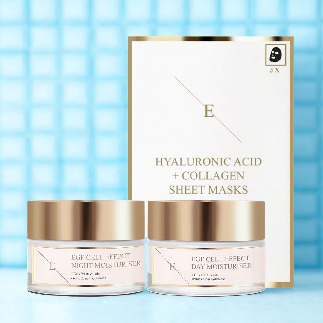Twee crèmepotten en een pak maskers. Op de potten staat "EGF Cell Effect". Op de masker verpakking staat "Hyaluronzuur + Collageen".