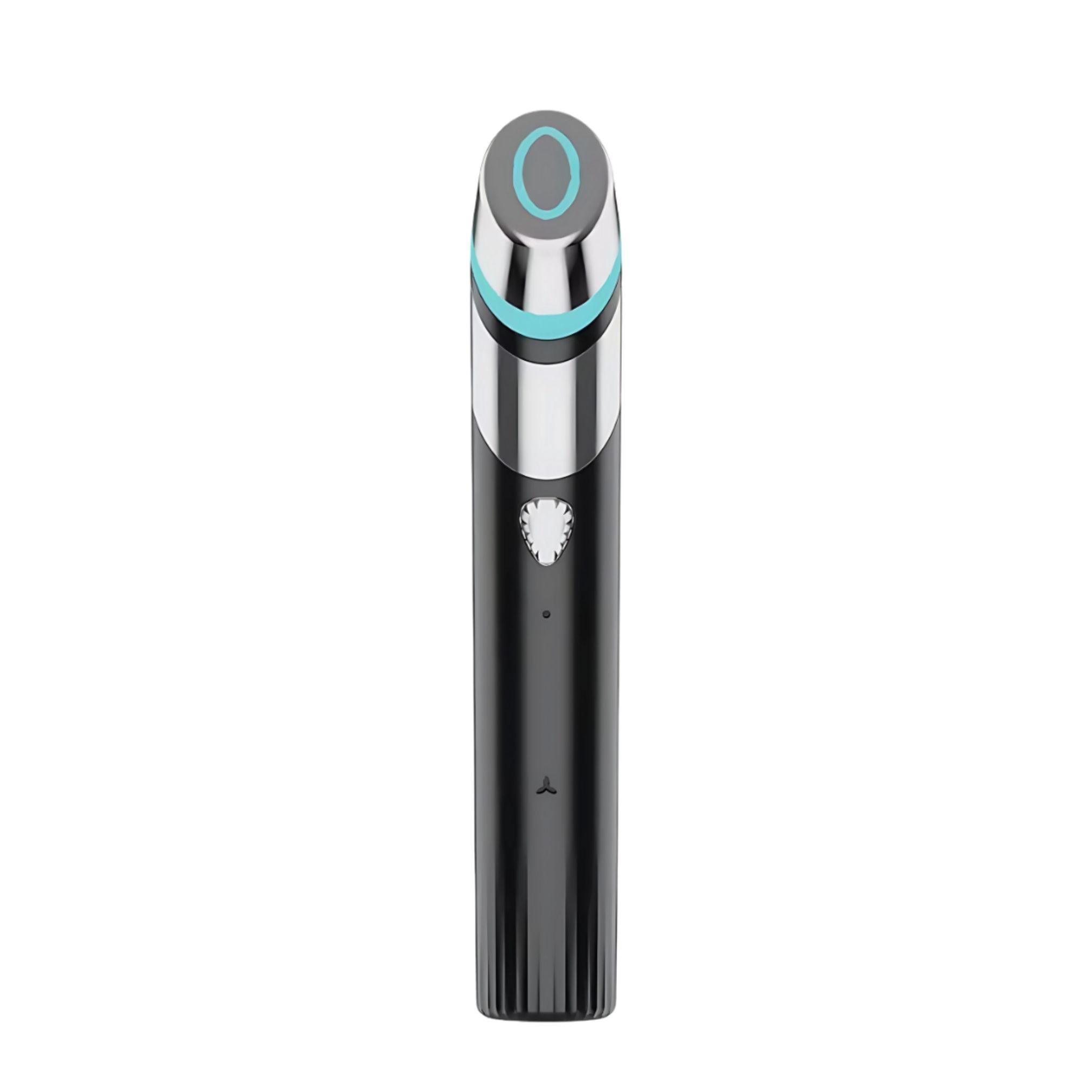 Zwart huidverzorgingsapparaat met zilveren en blauwe accenten, ovale punt en geribbelde grip.