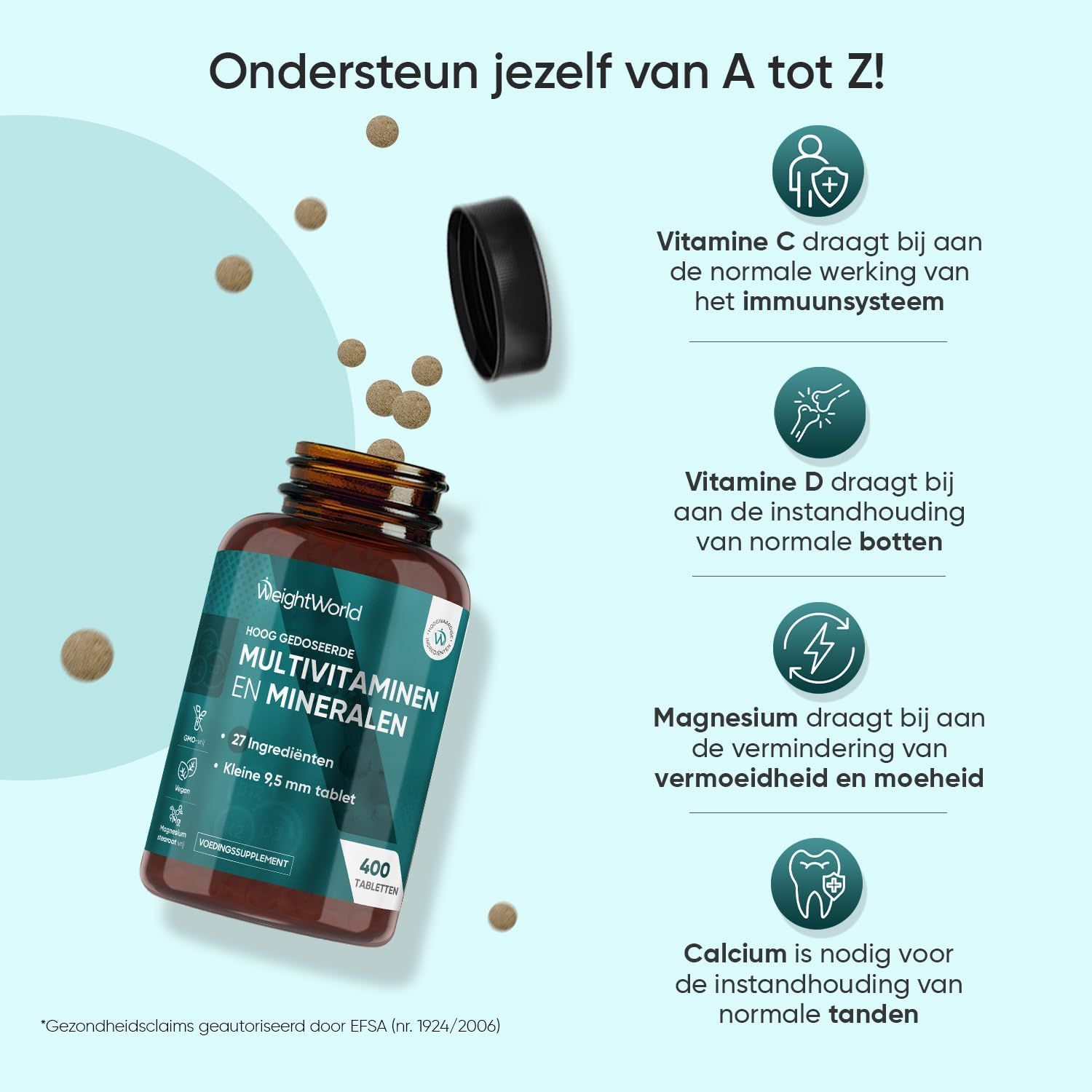 Fles Multivitaminen & Mineralen met iconen die gezondheidsvoordelen benadrukken.