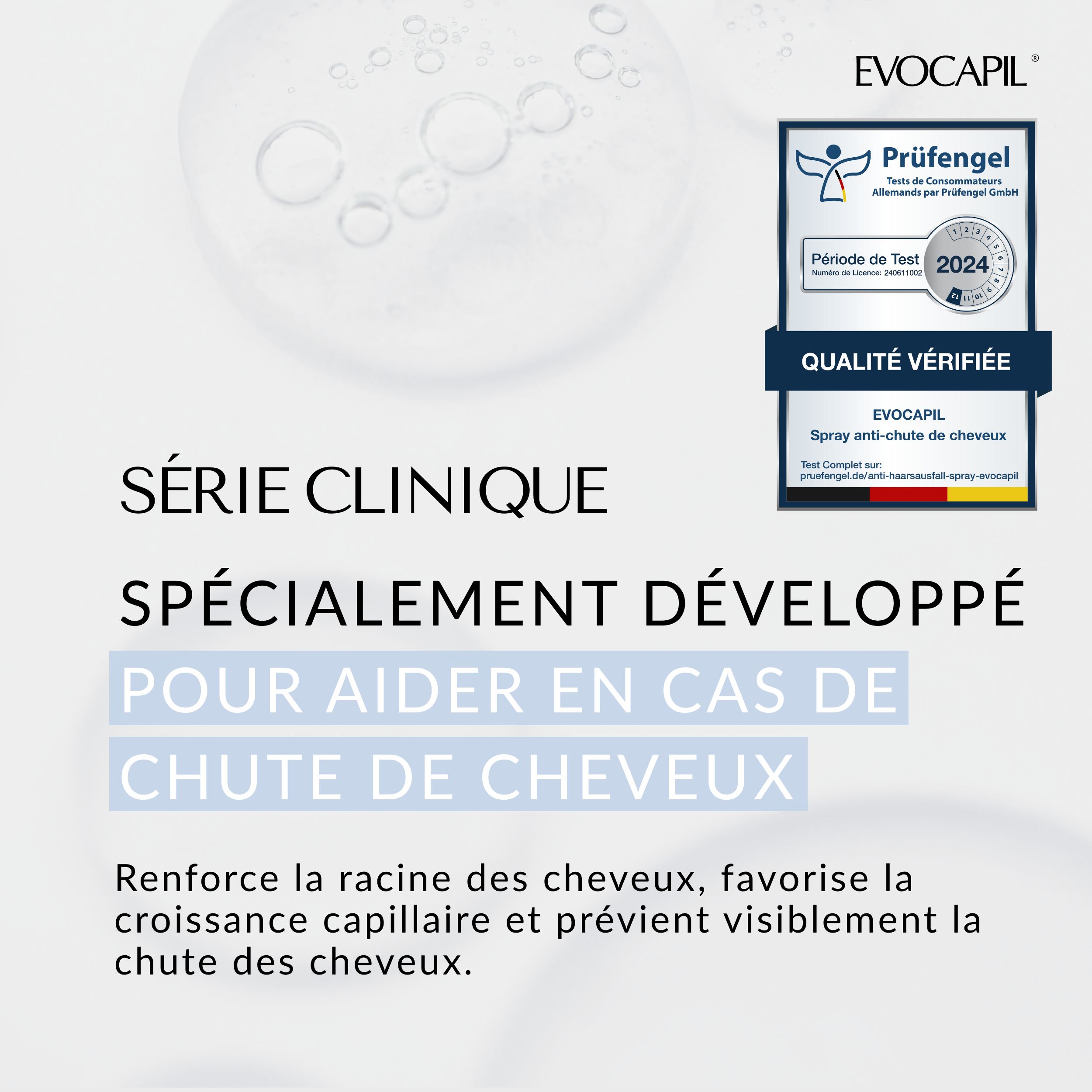 Série Clinique. Développé pour aider en cas de chute de cheveux. Qualité vérifiée. Période de test 2024.