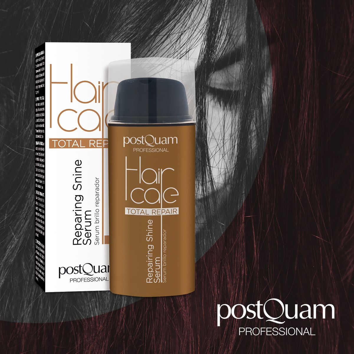 Haarserum met verpakking en achtergrond. Opschrift: Hair Care Total Repair, Repairing Shine Serum. Merk: Postquam Professional.