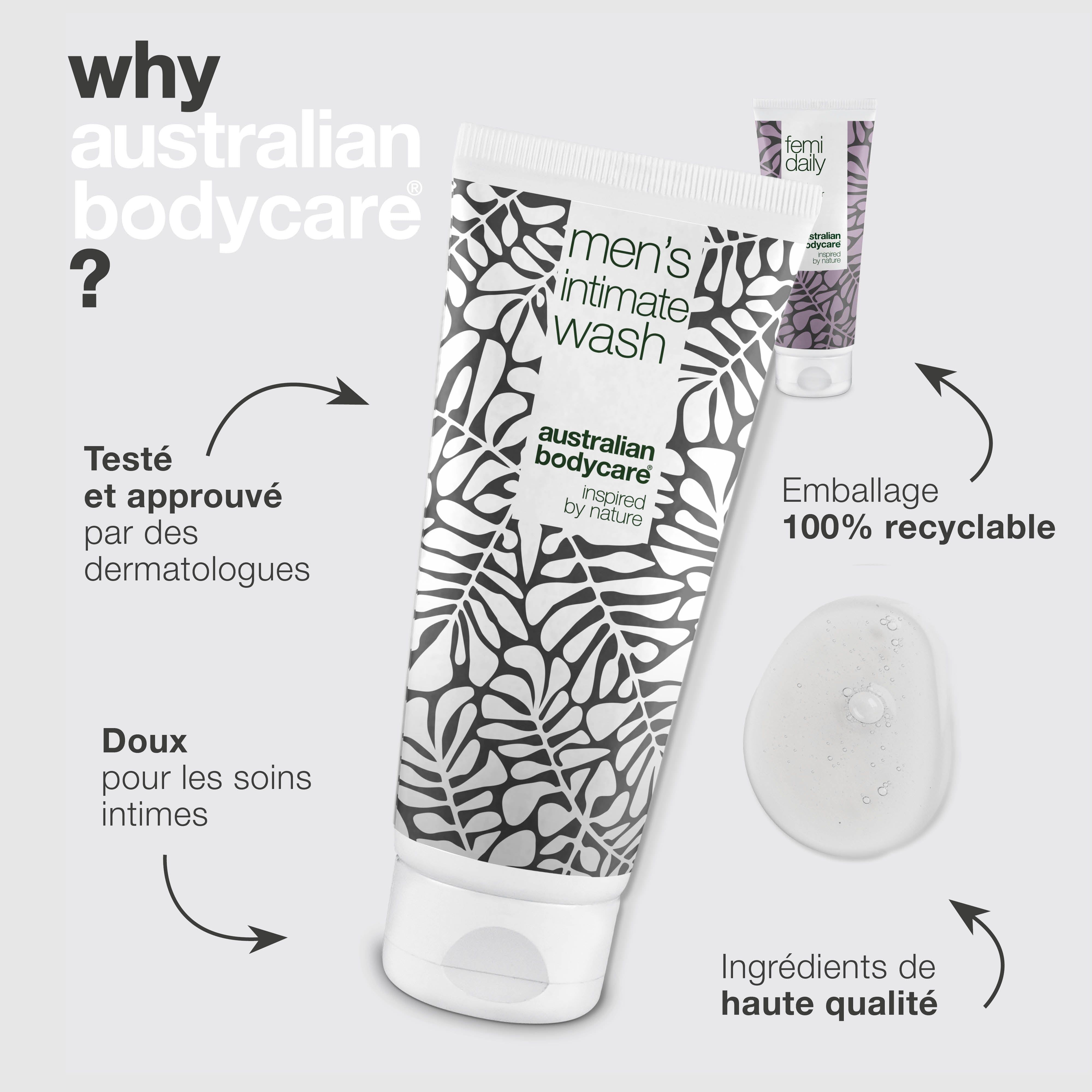 Gel lavant intime et hydratant. Texte : Pourquoi Australian Bodycare ? Avantages énumérés.