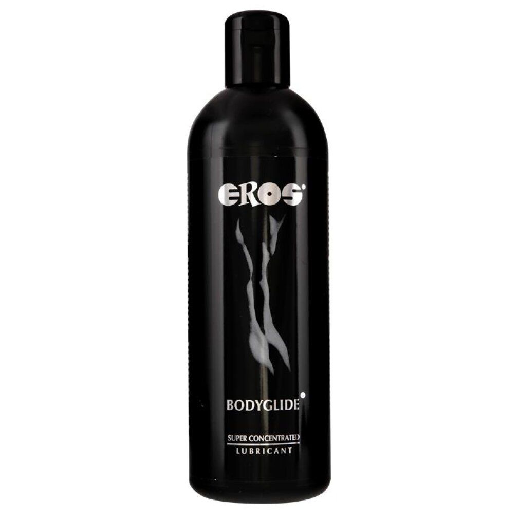 Flacon noir Bodyglide Super Concentrated Lubricant avec logo argenté et silhouette.