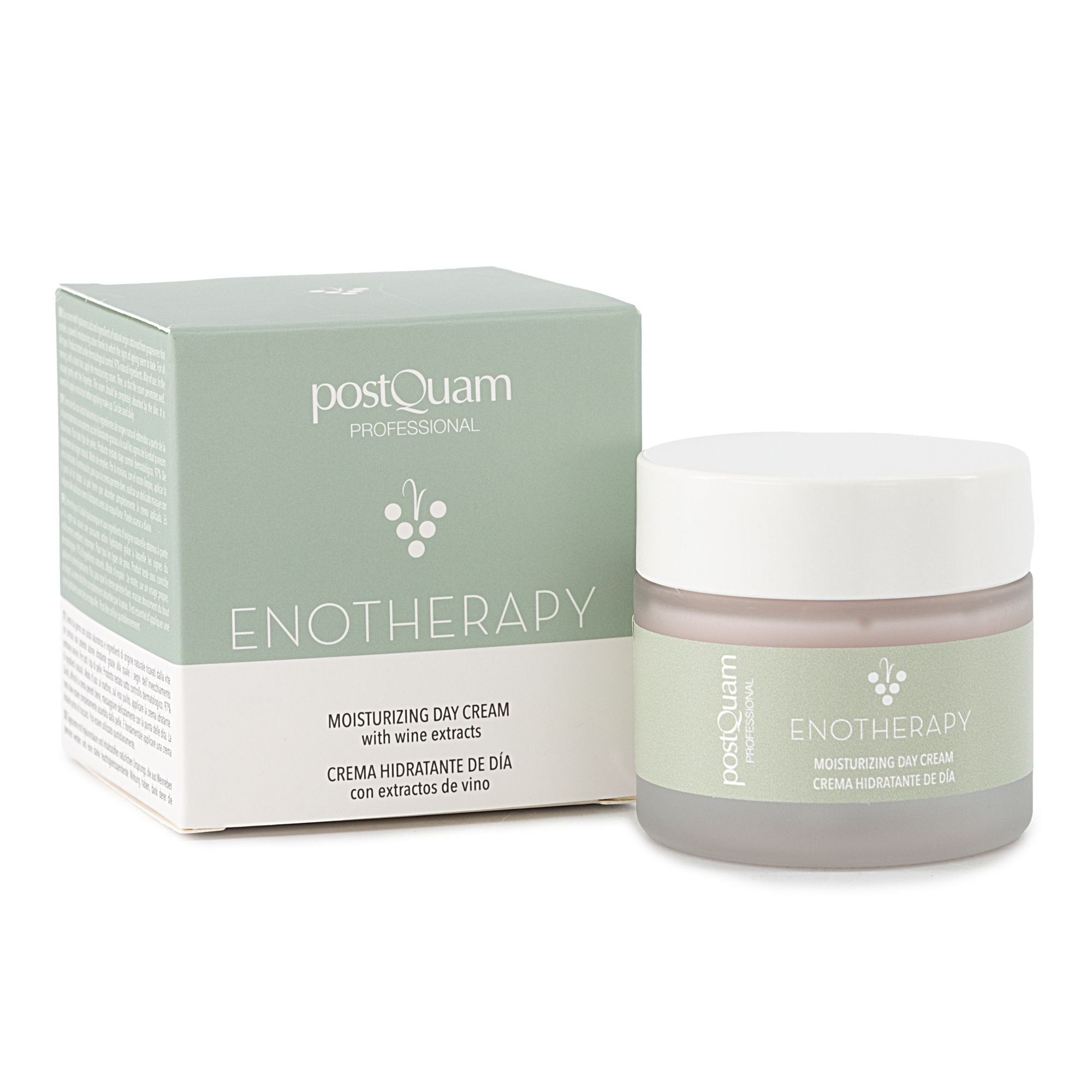 Crèmepot en doos. Opschrift: PostQuam, Enotherapy, Moisturizing Day Cream. Groen-witte verpakking.