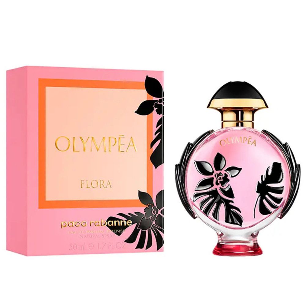 Emballage rose avec logo Olympea doré et flacon à côté. Décor noir.