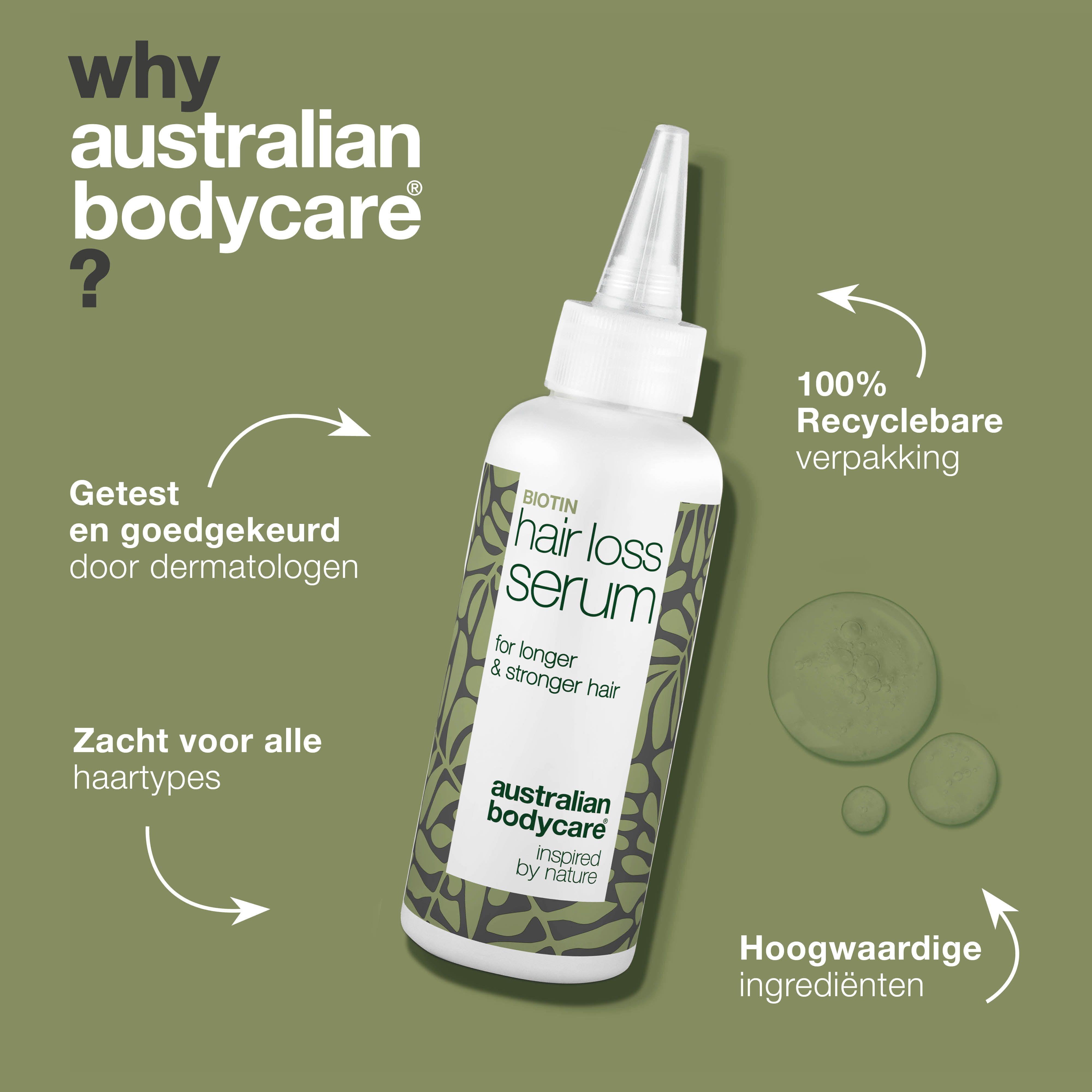 Serumflesje met "Hair Loss Serum". Merk: Australian Bodycare. Tekst: Waarom Australian Bodycare?