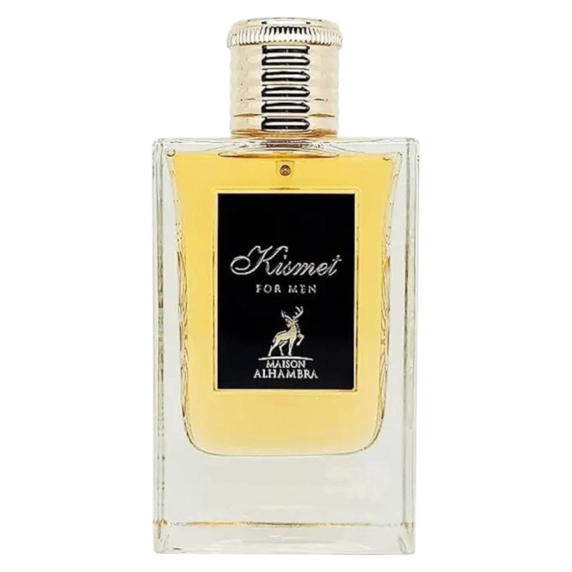 Kismet for Men Eau de Parfum fles met gouden dop en zwart etiket met hert.
