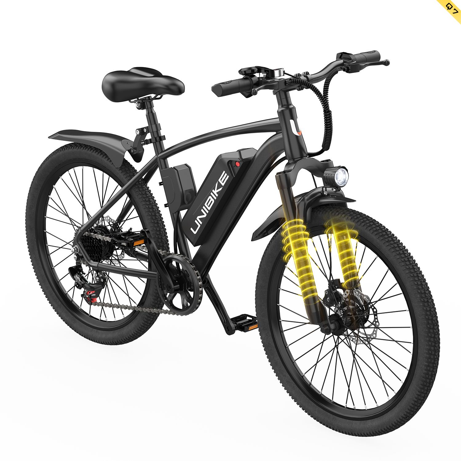 Vélo électrique noir avec fourche suspendue, phare et logo UNIBIKE. Pneus sculptés, garde-boue et selle.