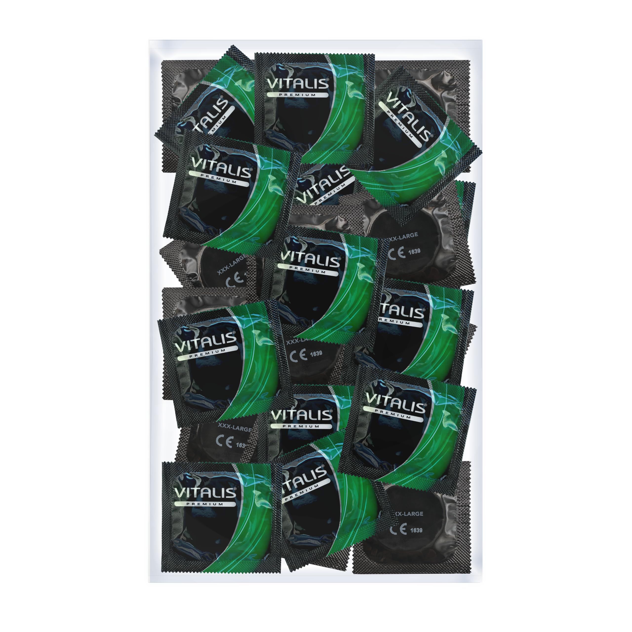 Pack de préservatifs Vitalis XXXL, 64mm. Emballés individuellement, emballage noir avec accents verts et sceau CE.