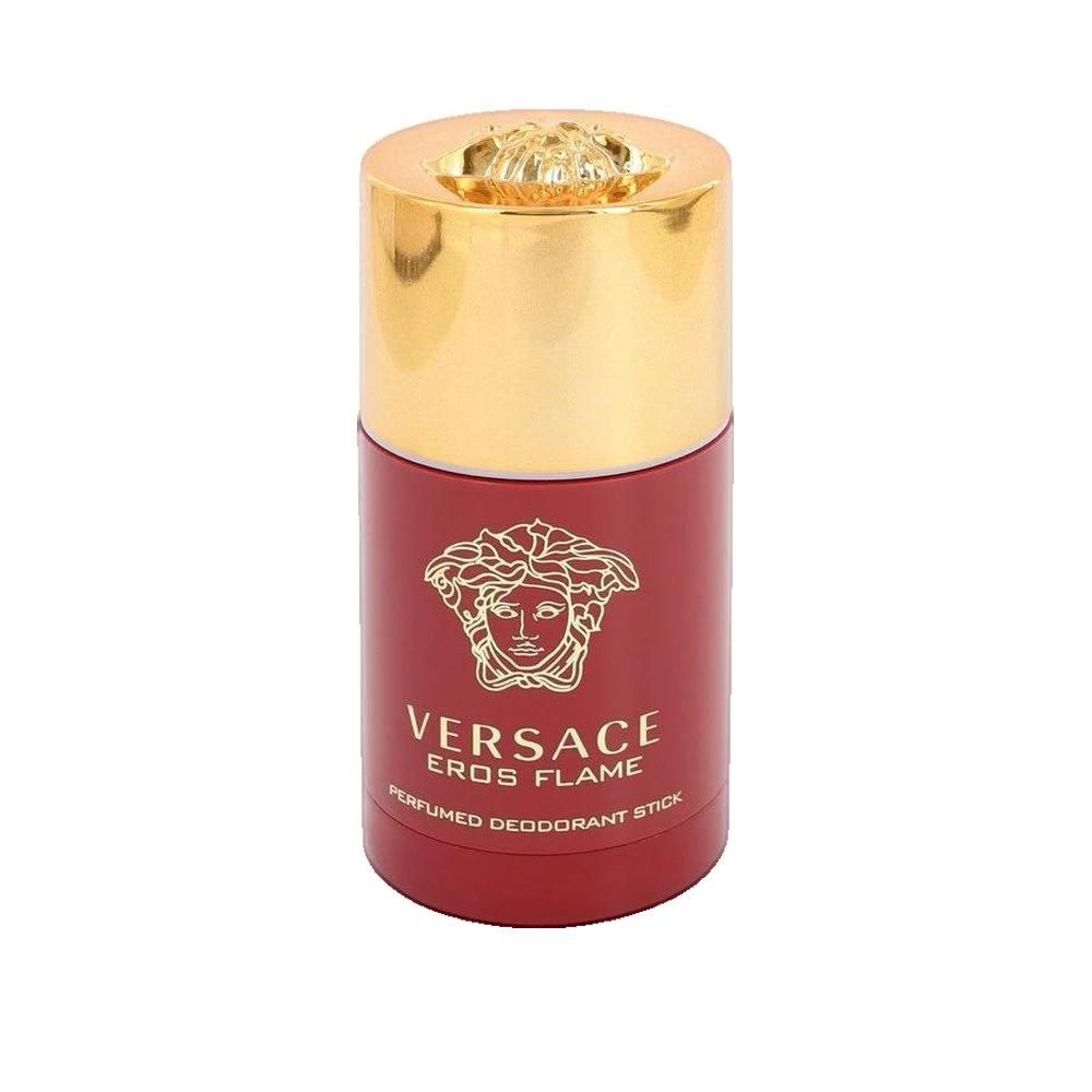 Déodorant stick Versace Eros Flame. Récipient rouge, capuchon doré. Logo Medusa. Inscription parfumée.
