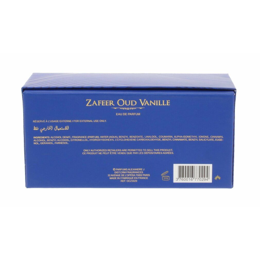 Dos de l'emballage bleu. Texte: Zafeer Oud Vanille, Eau de Parfum. Ingrédients, avertissements et informations fabricant.