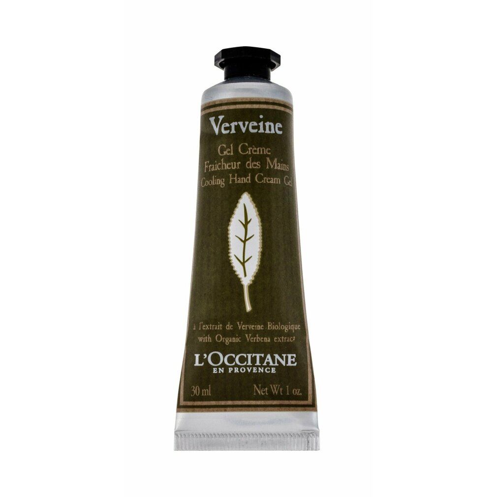 Tube crème mains "Verveine" avec symbole feuille. Texte: "Gel Crème Fraîcheur des Mains". Marque: L'Occitane.
