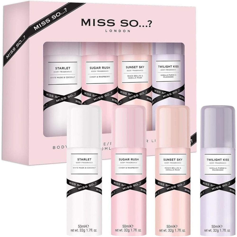 Coffret cadeau avec six brumes corporelles. Différentes couleurs et parfums. Écriture noire et blanche. Emballage rose avec ruban.