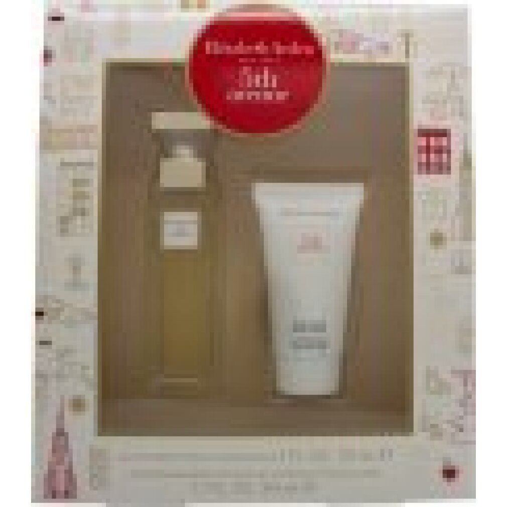 Coffret cadeau avec flacon de parfum et lotion pour le corps. Emballage avec cercle rouge et nom du produit.
