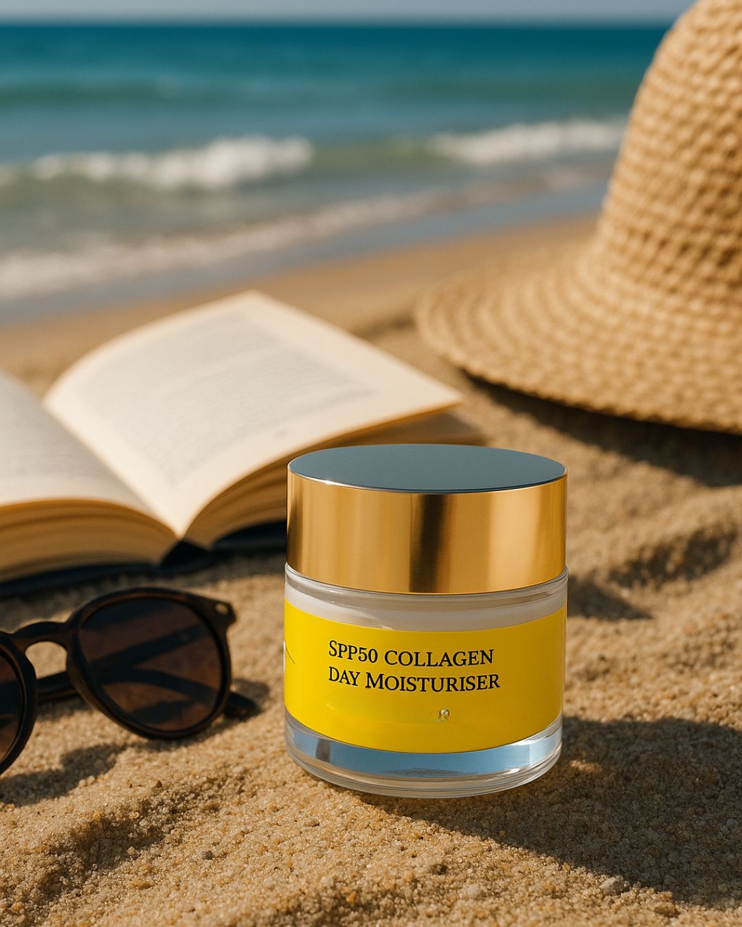 Pot de crème avec étiquette jaune sur la plage. Lunettes de soleil, livre et chapeau en arrière-plan. Couvercle doré.