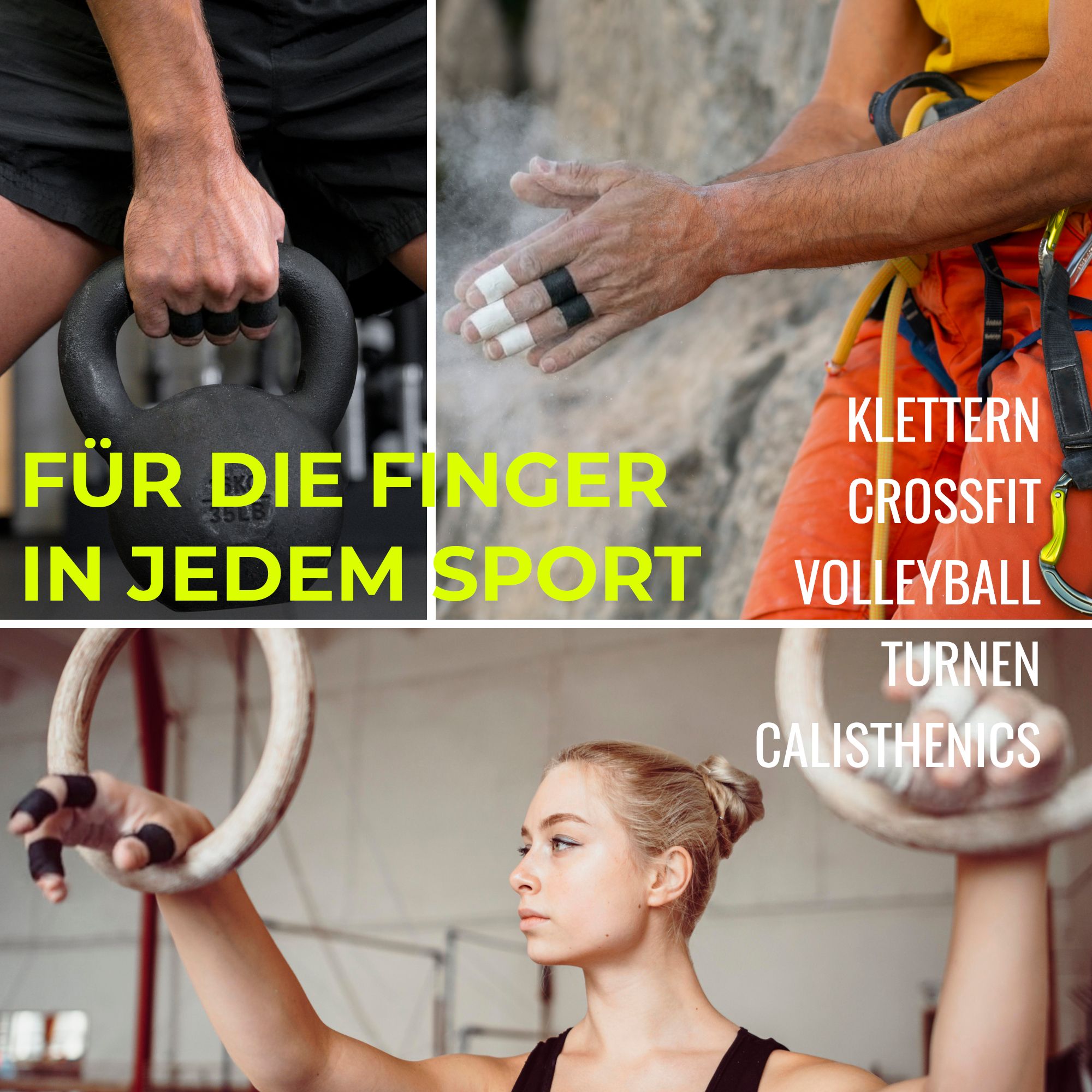Collage: handen met kettlebell, klimmer met tape, gymnasten. Tekst: Voor vingers in elke sport.