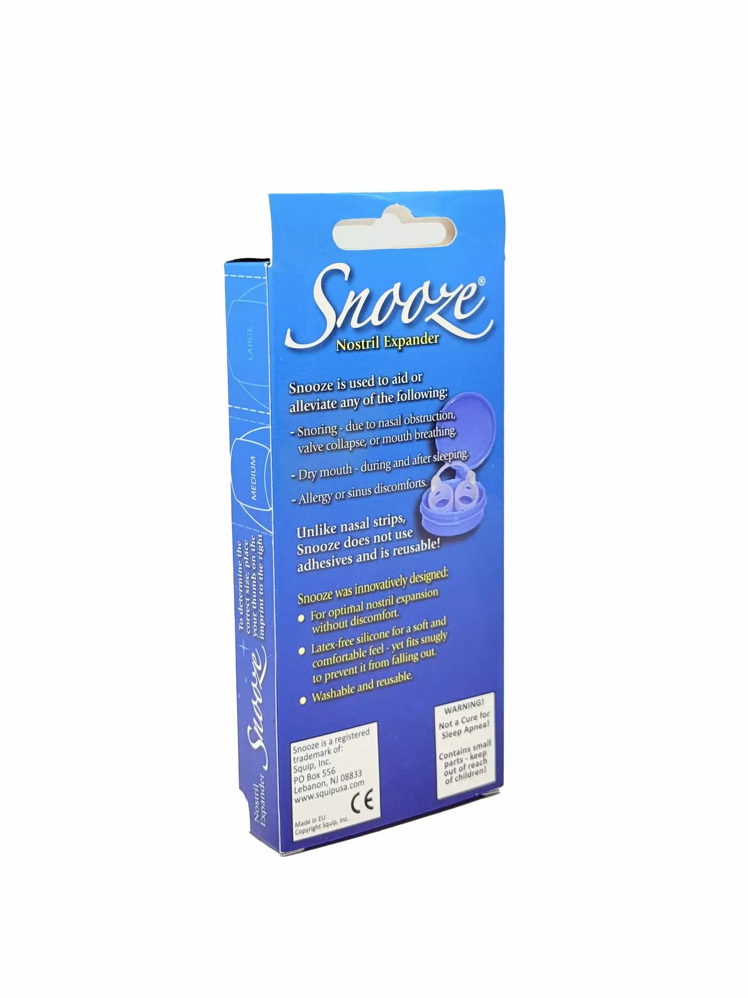 Dos de l'emballage bleu du produit. Affiche des informations sur le produit Snooze, y compris l'utilisation et les matériaux.