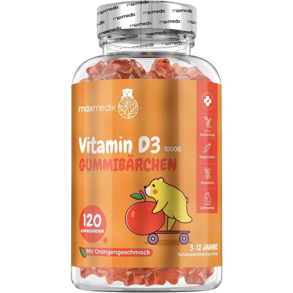 Gummies Vitamine D3, 120 pièces, goût orange. Inscription : maxmedix, 1000 UI, 3-12 ans.