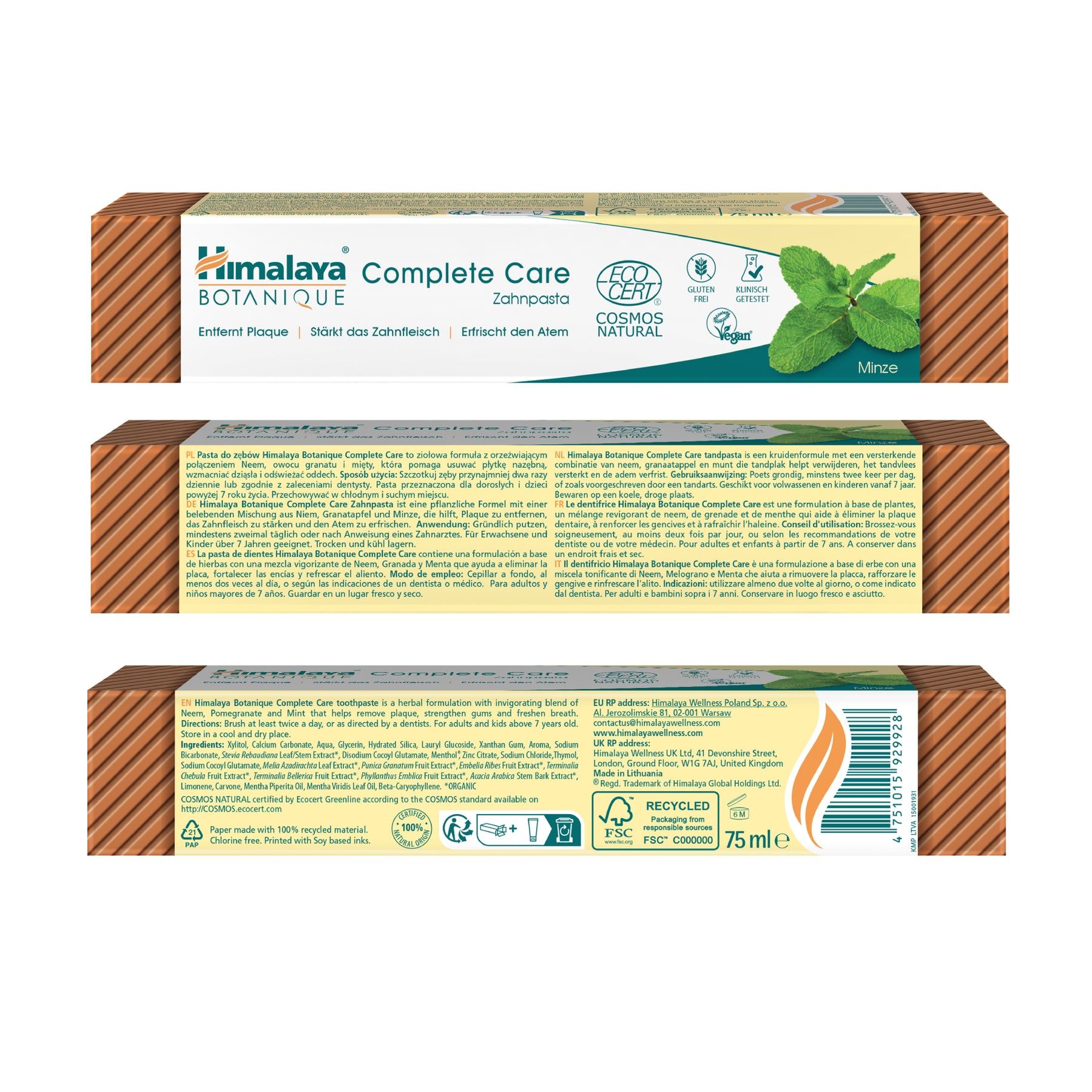 Himalaya Botanique Complete Care tandpastadoos, muntbladontwerp, met zegels.