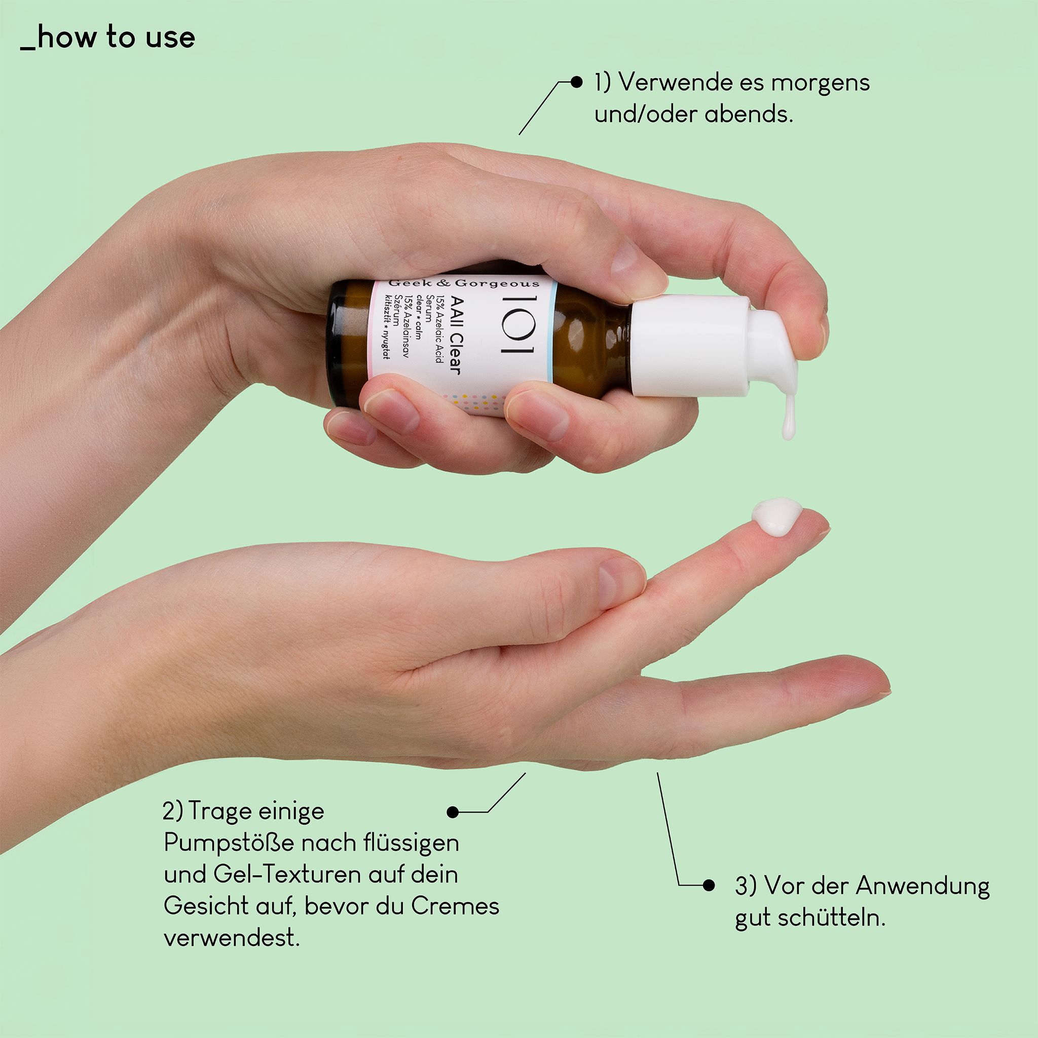 Bruine glazen fles met pompdispenser, een hand drukt de dispenser in, een witte vloeistof druppelt op een vinger.