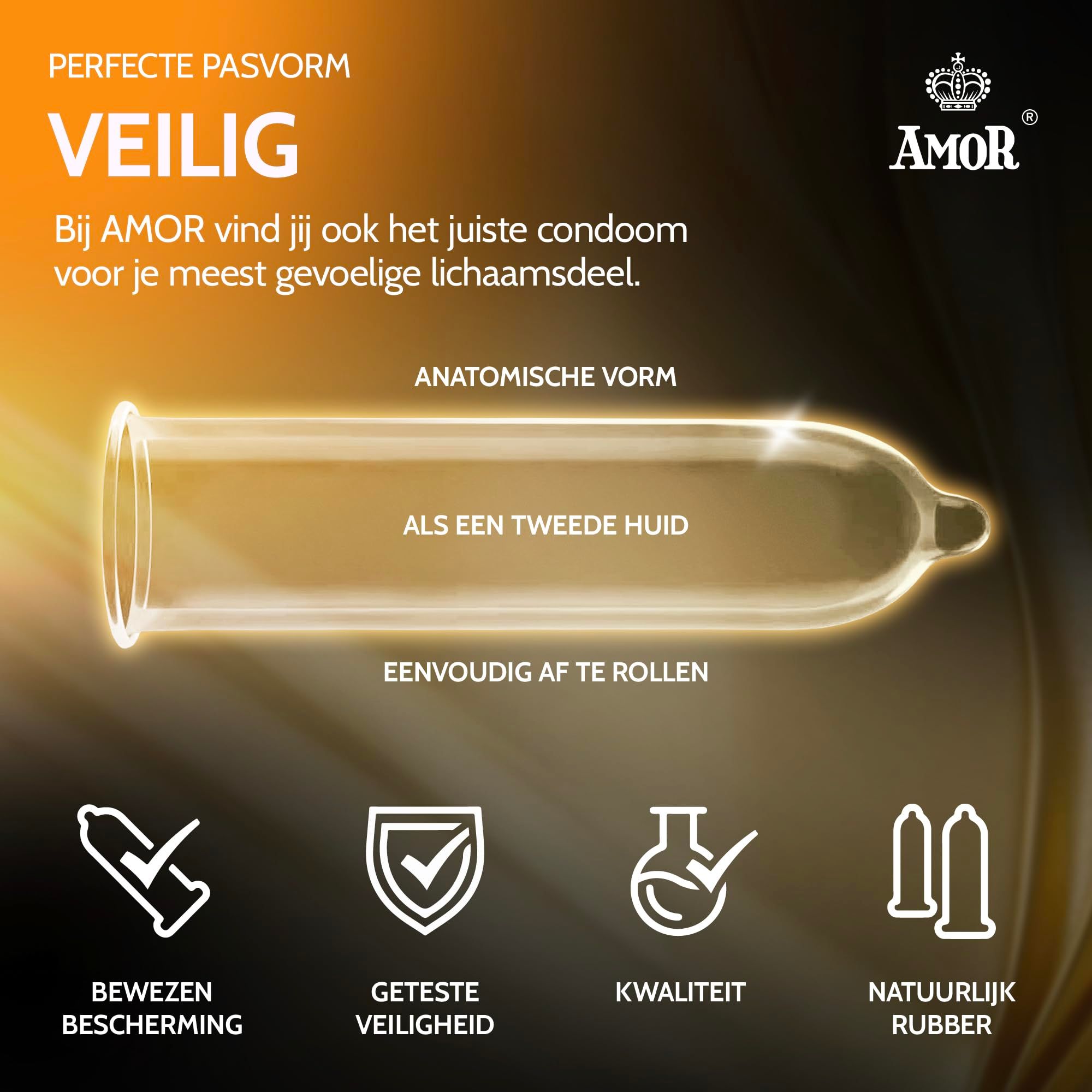 Overzicht AMOR condooms: Gold, Neon, Ribbed, Thin, Super Thin, XXL, Young, Strong.