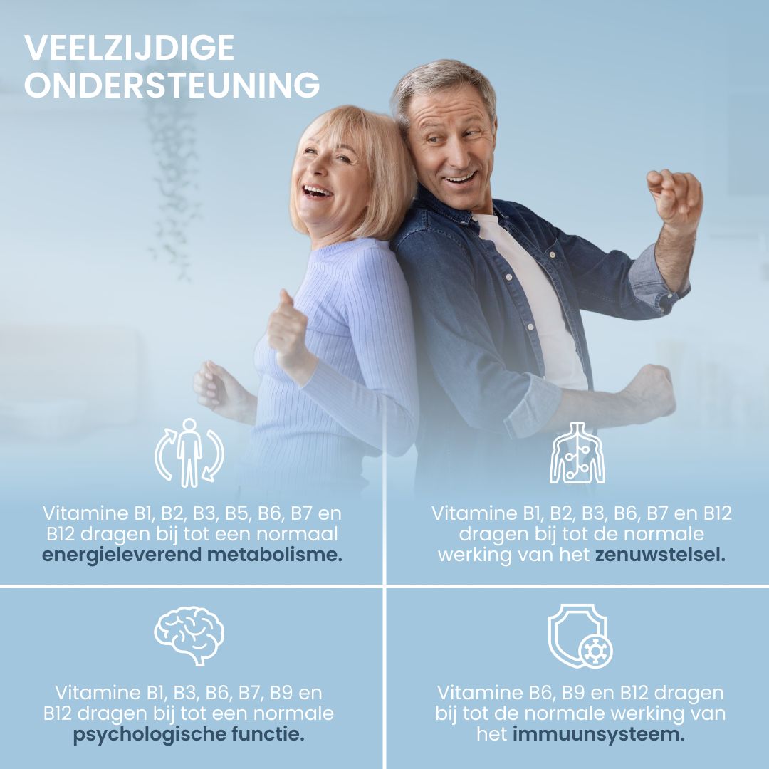 Lachend ouder echtpaar dat positieve effecten van B-vitaminen voor energie, zenuwen, psyche en immuunsysteem toont.