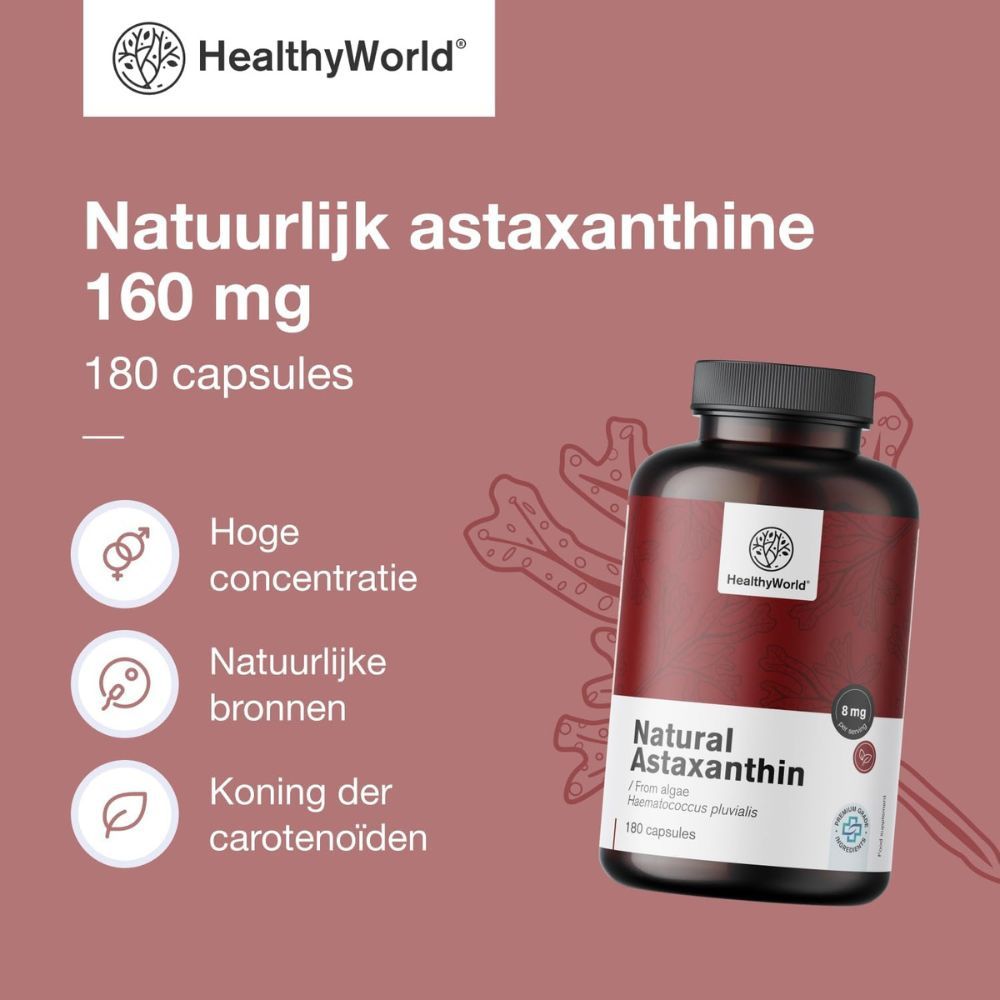 Fles Natural astaxanthine 160 mg. Logo: HealthyWorld. Tekst: Hoge concentratie, natuurlijke bronnen.