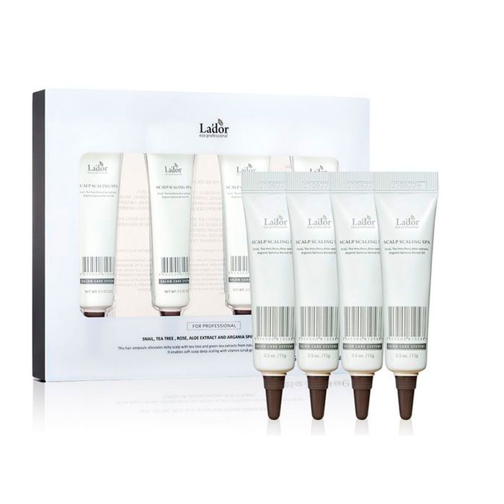 Lador Scalp Scaling Spa: Vier tubes met applicatorpunten in een verpakking.