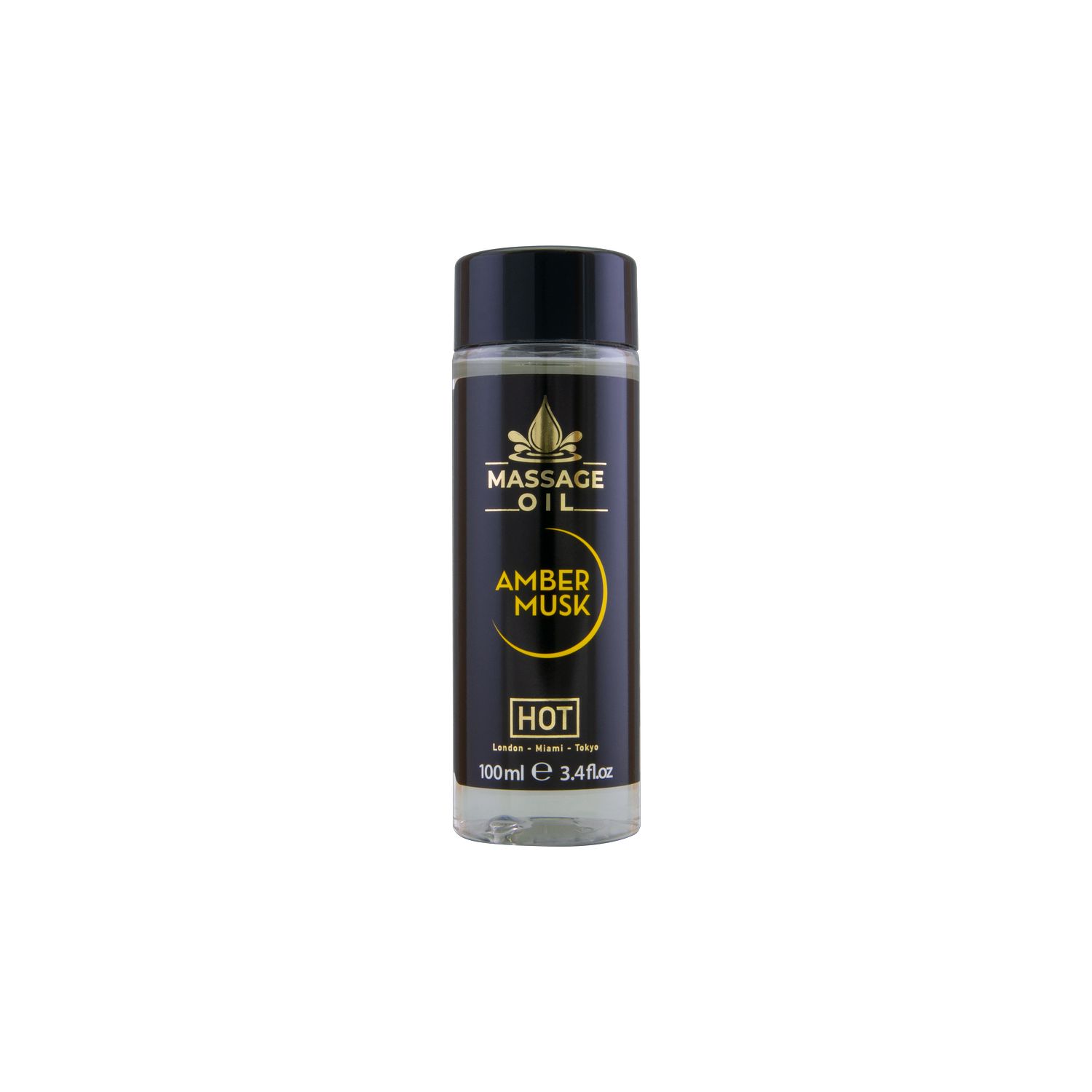 Cilindrische fles, zwarte dop. Opschrift: MASSAGE OIL AMBER MUSK. Onder: HOT, 100ml.