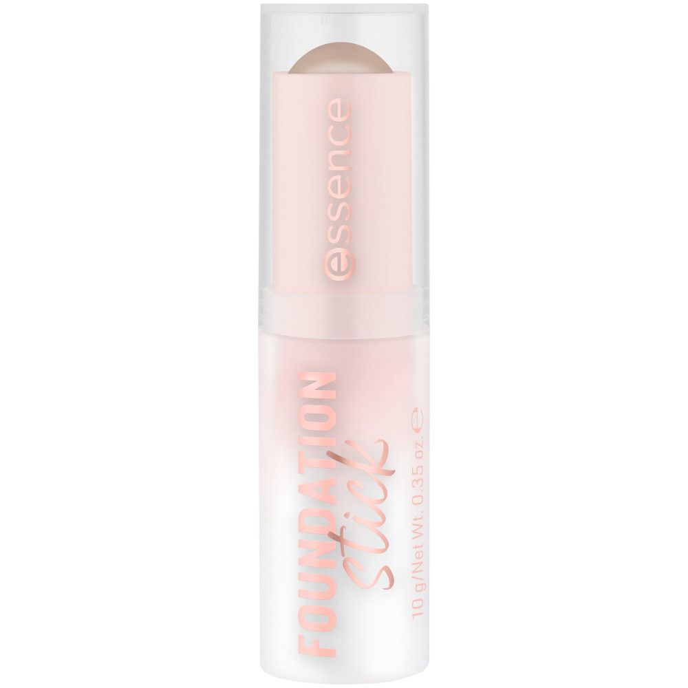 Essence Foundation Stick. Roze-witte verpakking met productnaam en merklogo. Stick met afgeronde punt.